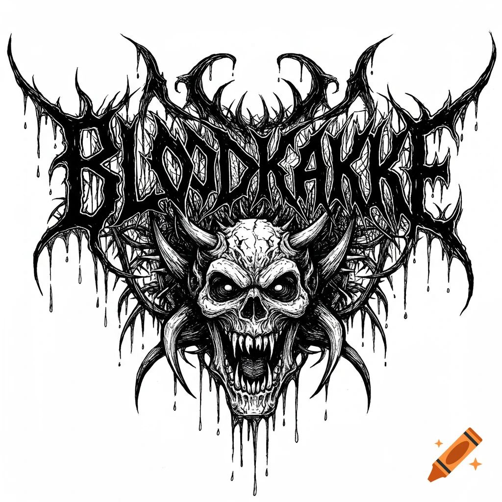 Black and white death metal logo with a horned skull and stylized dripping text reading BLOODKAKKE