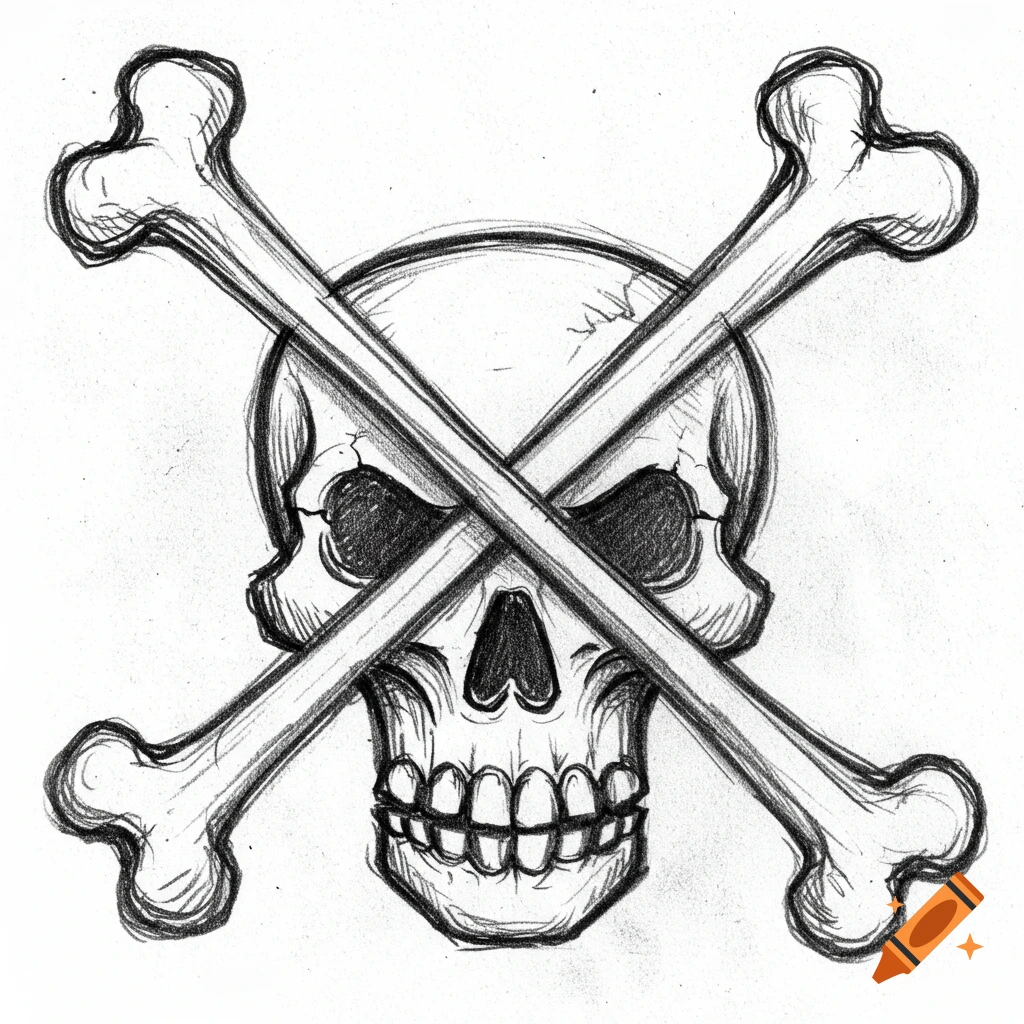Black and white pencil sketch of a skull and crossbones
