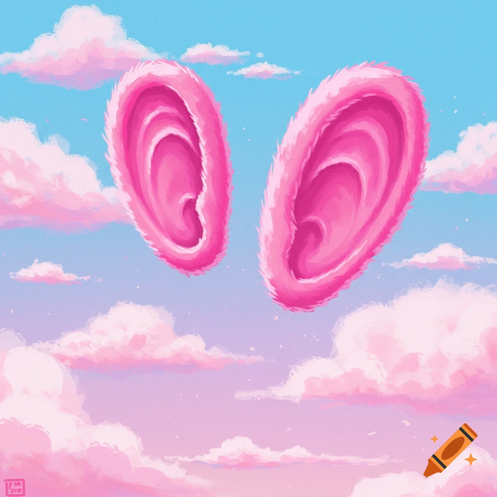 Pink furry ears float in a pastel sky with pink clouds