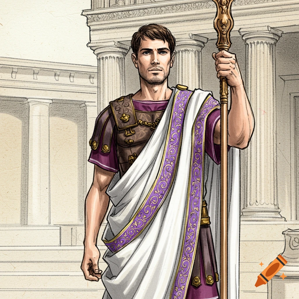 Sketch of a man in Roman senator attire holding a staff in front of a building.
