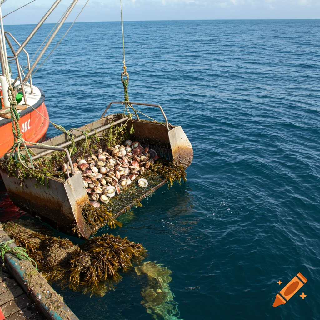 A fishing boat pulls a metal dredge full of scallops and seaweed from the ocean.