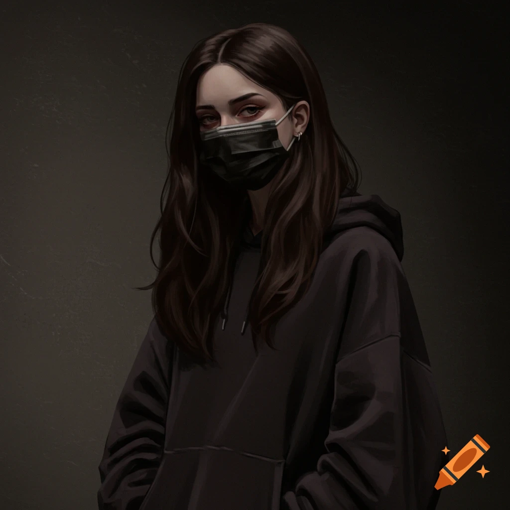 A woman wearing a black face mask and dark hoodie.