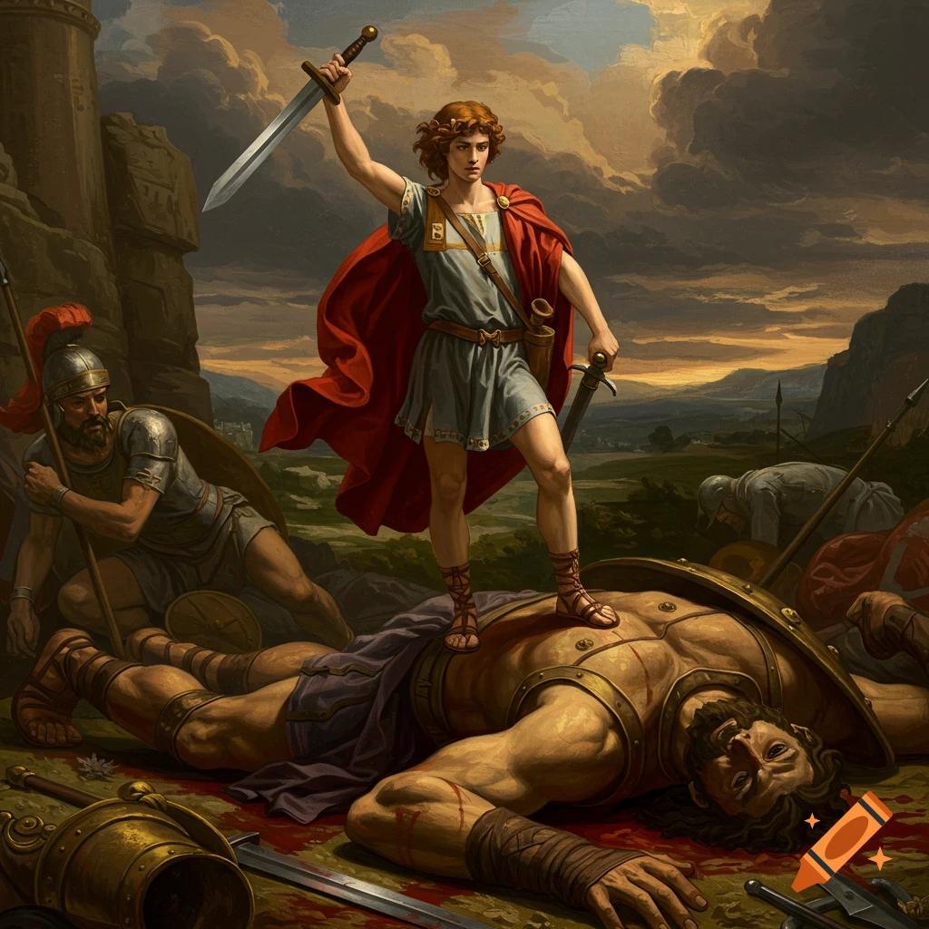 David stands on defeated Goliath, holding a sword aloft.