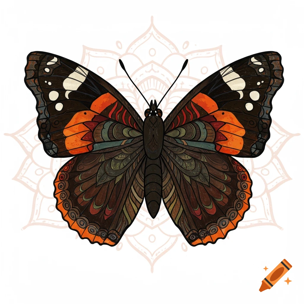 Detailed illustration of a frontal view of an admiral butterfly with intricate wing patterns over a subtle mandala background.