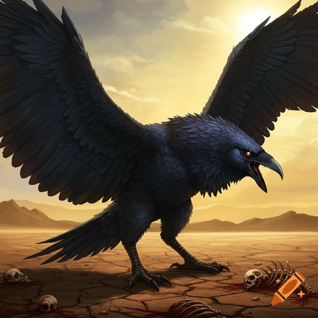 A large black bird with red eyes stands among skulls in a cracked desert.
