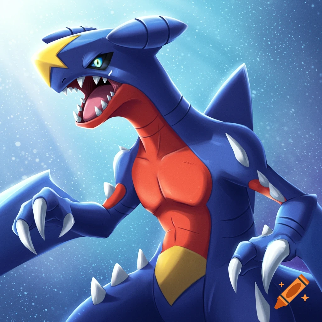 The Pokemon Garchomp is depicted roaring