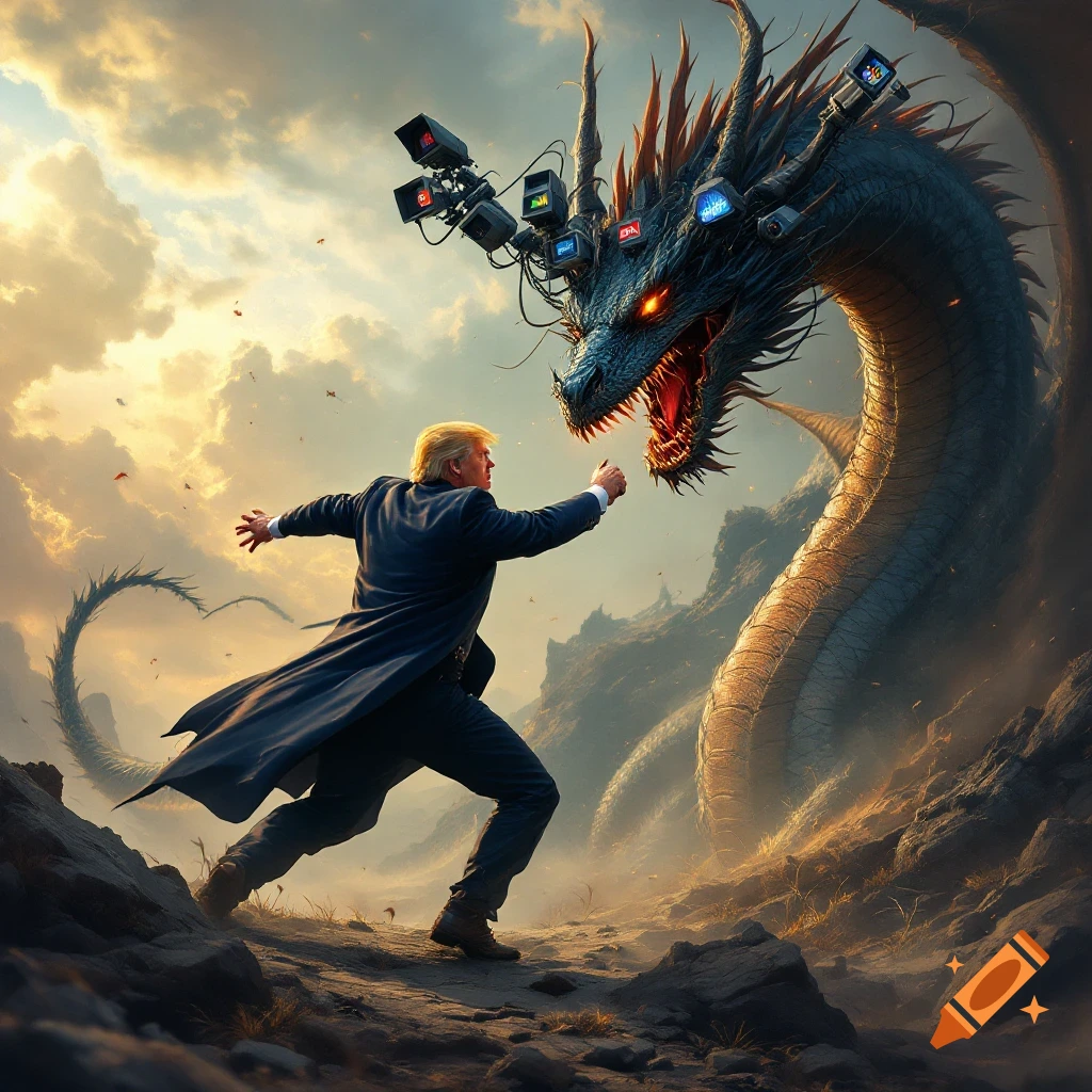 An image depicts Donald Trump fighting a dragon with cameras for a head against a cloudy sky.