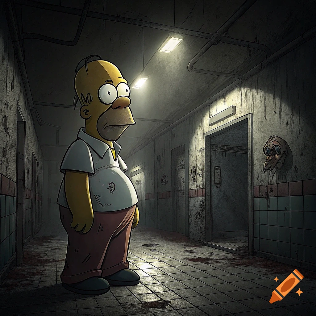 Homer Simpson stands looking worried in a dark, grimy hallway with bloodstains and a creepy mask on the wall.