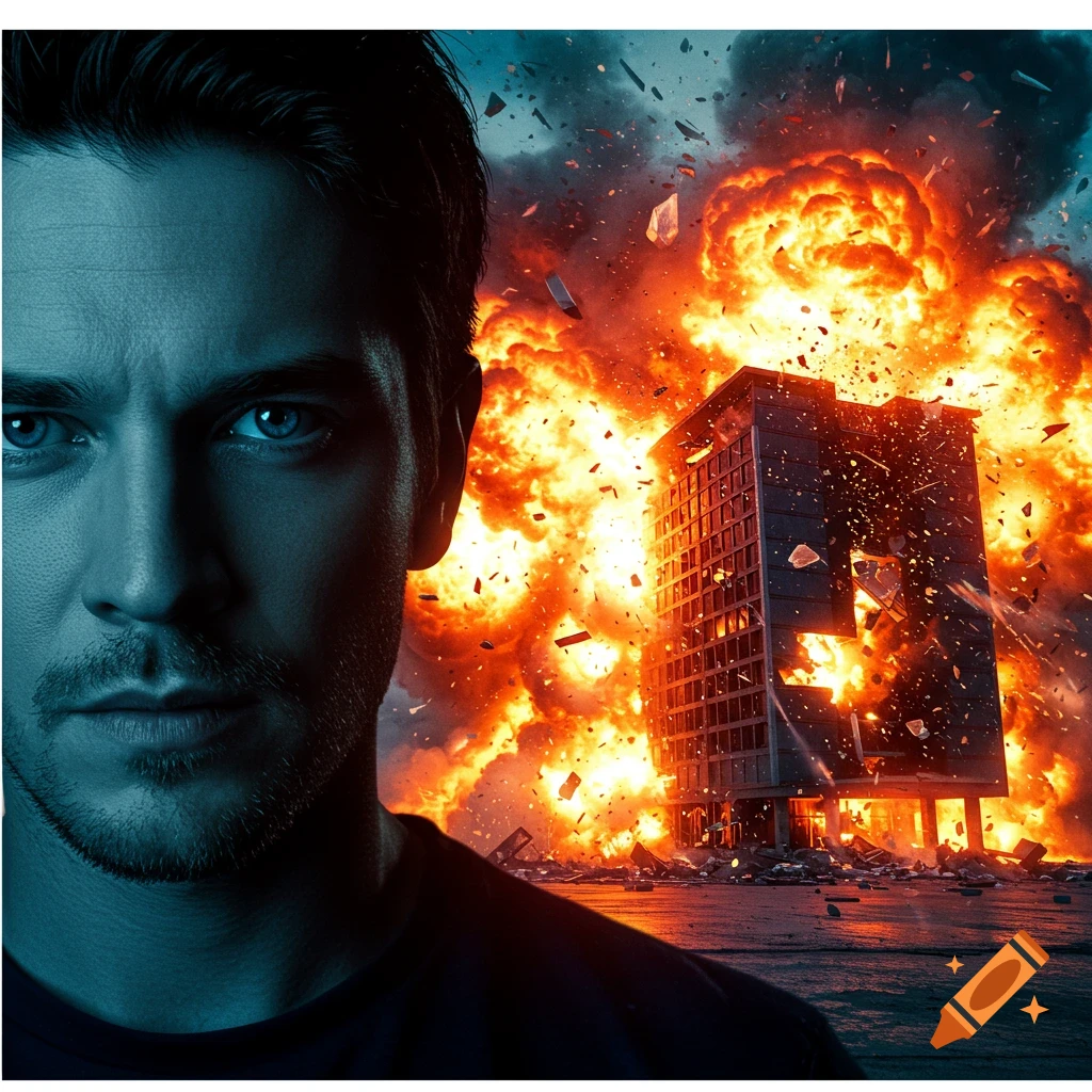 A man standing in front of an exploding building.