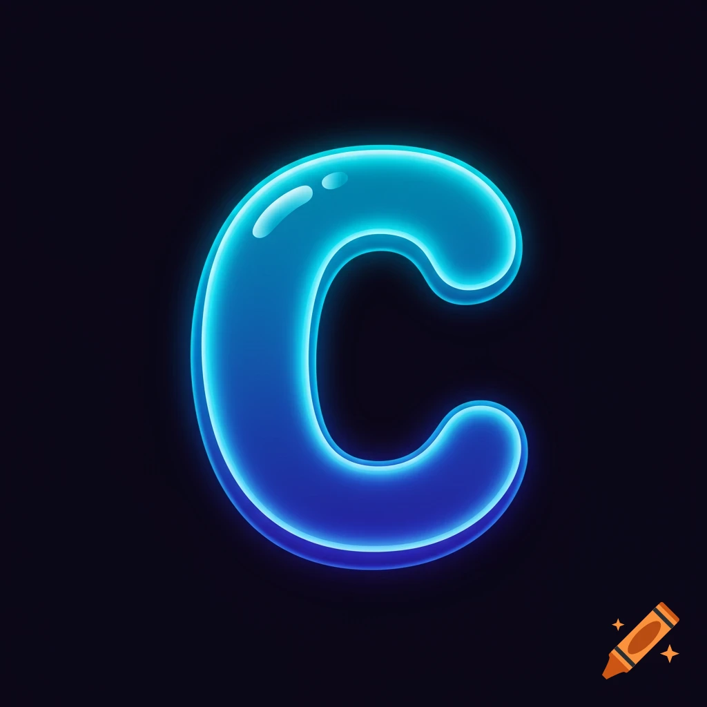 A blue, glossy, glowing letter C on a dark background.