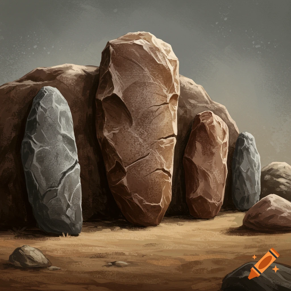Large, weathered stones standing in a dry landscape.