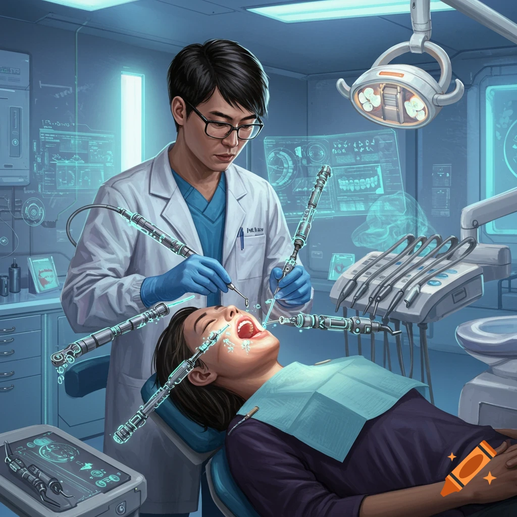 A futuristic dentist uses glowing robotic tools to work on a patient in a modern dental office.