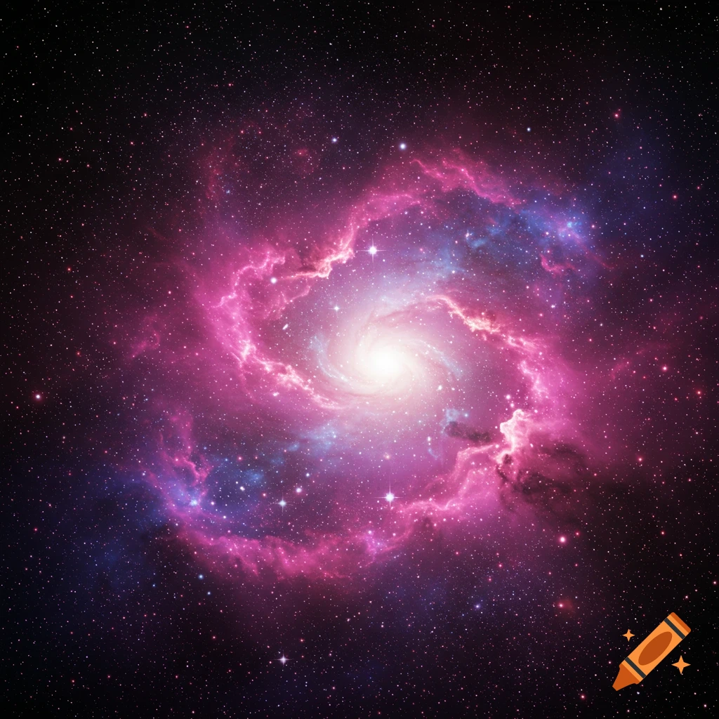 A vibrant spiral galaxy with pink and blue nebulas set against a dark, star-filled sky.