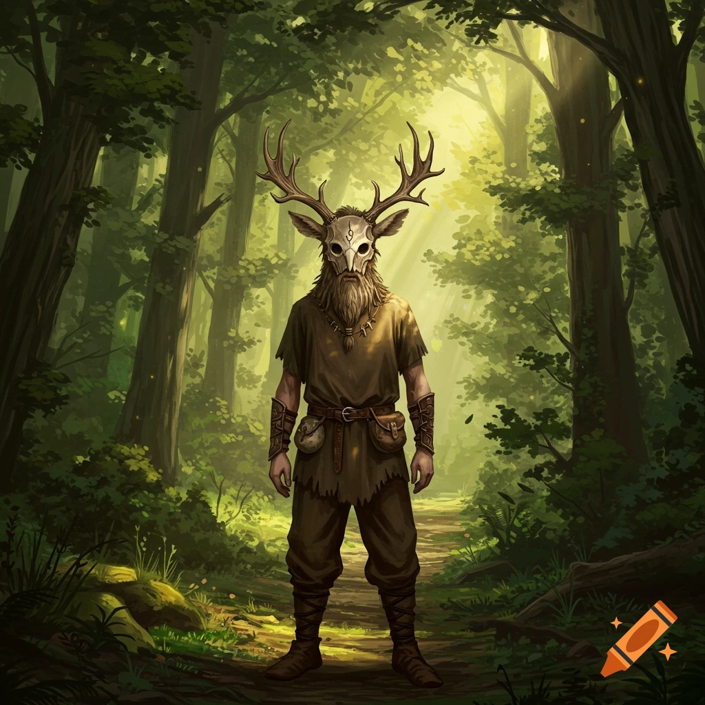 A person in a deer skull mask with antlers stands in a sunlit forest.