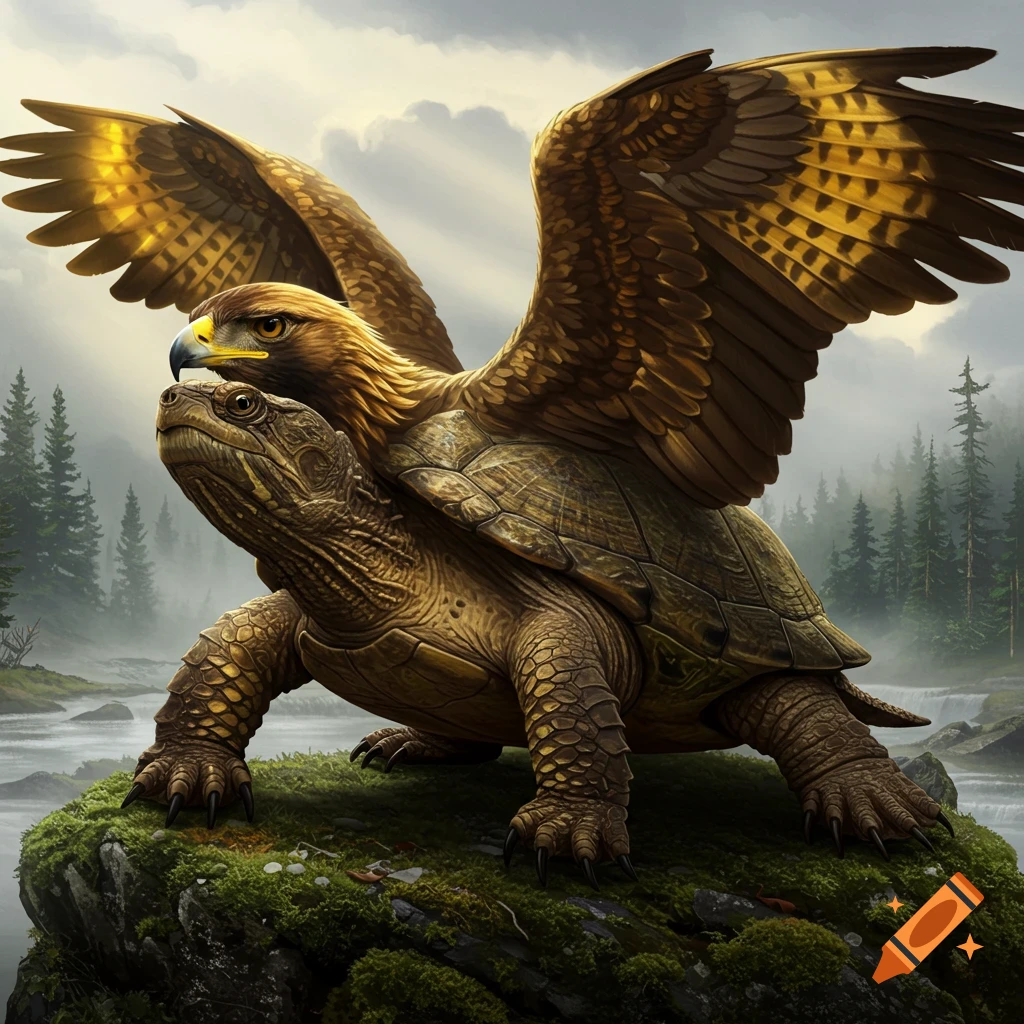 An eagle-turtle hybrid creature stands on a mossy rock in a foggy forest landscape.