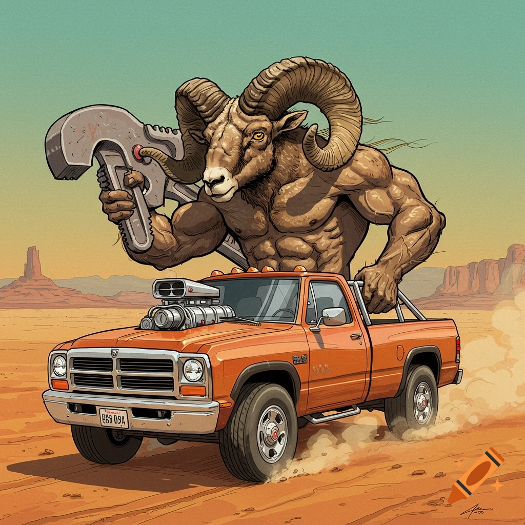 A muscular ram standing in the bed of an orange Dodge truck, holding a giant pipe wrench in a desert.