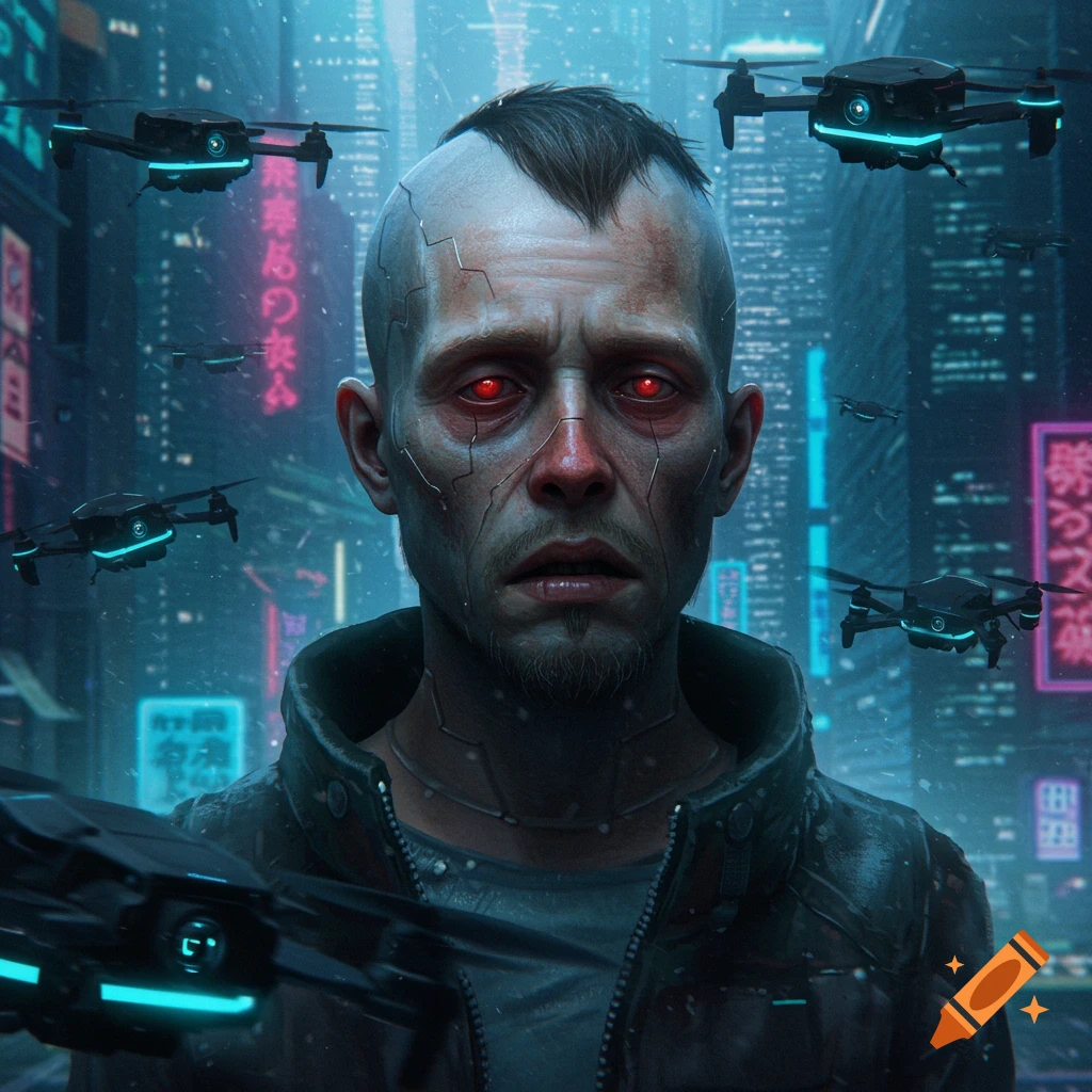 Cyberpunk portrait of a gaunt man with red eyes surrounded by drones in a neon city
