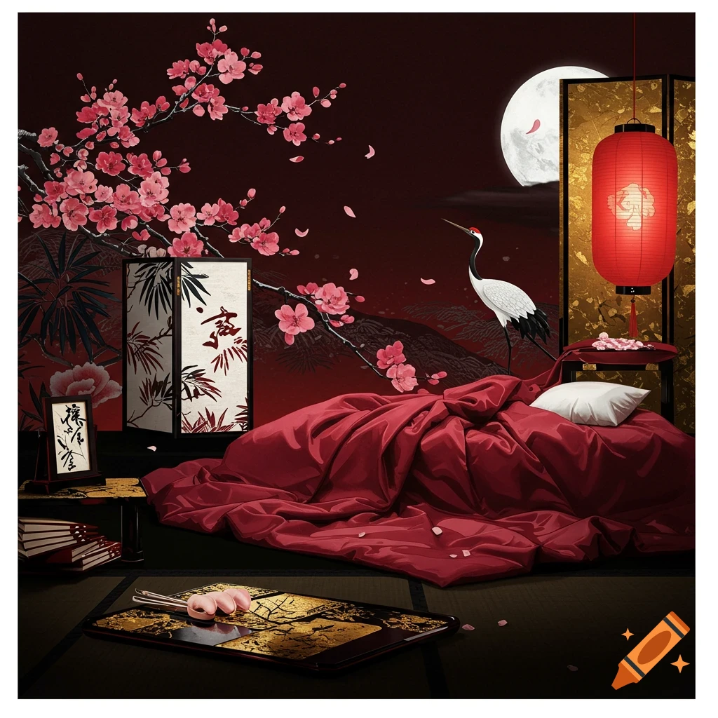 Japanese painting of a bedroom with red bed, crane, cherry blossoms, full moon, and lantern.