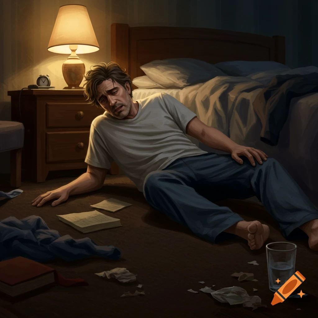 A man lies on the floor of a dimly lit bedroom, looking tired or distressed, with papers and objects scattered around him.