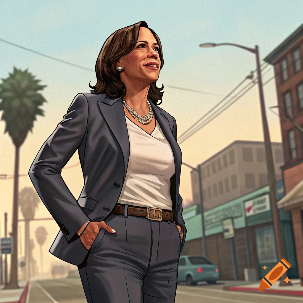 Kamala Harris depicted in a GTA video game style standing on a city street.