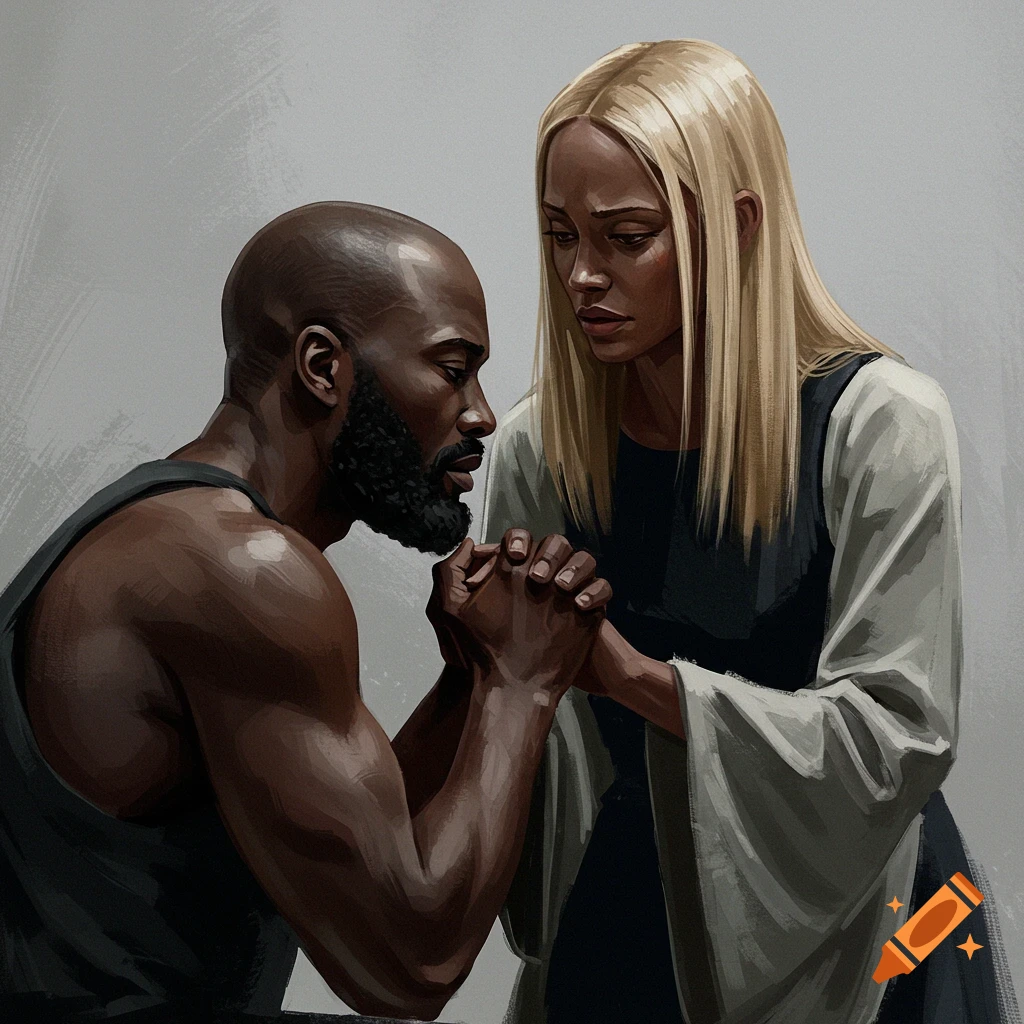 A bald man kneels before a woman with long blond hair, holding her hands in prayer.