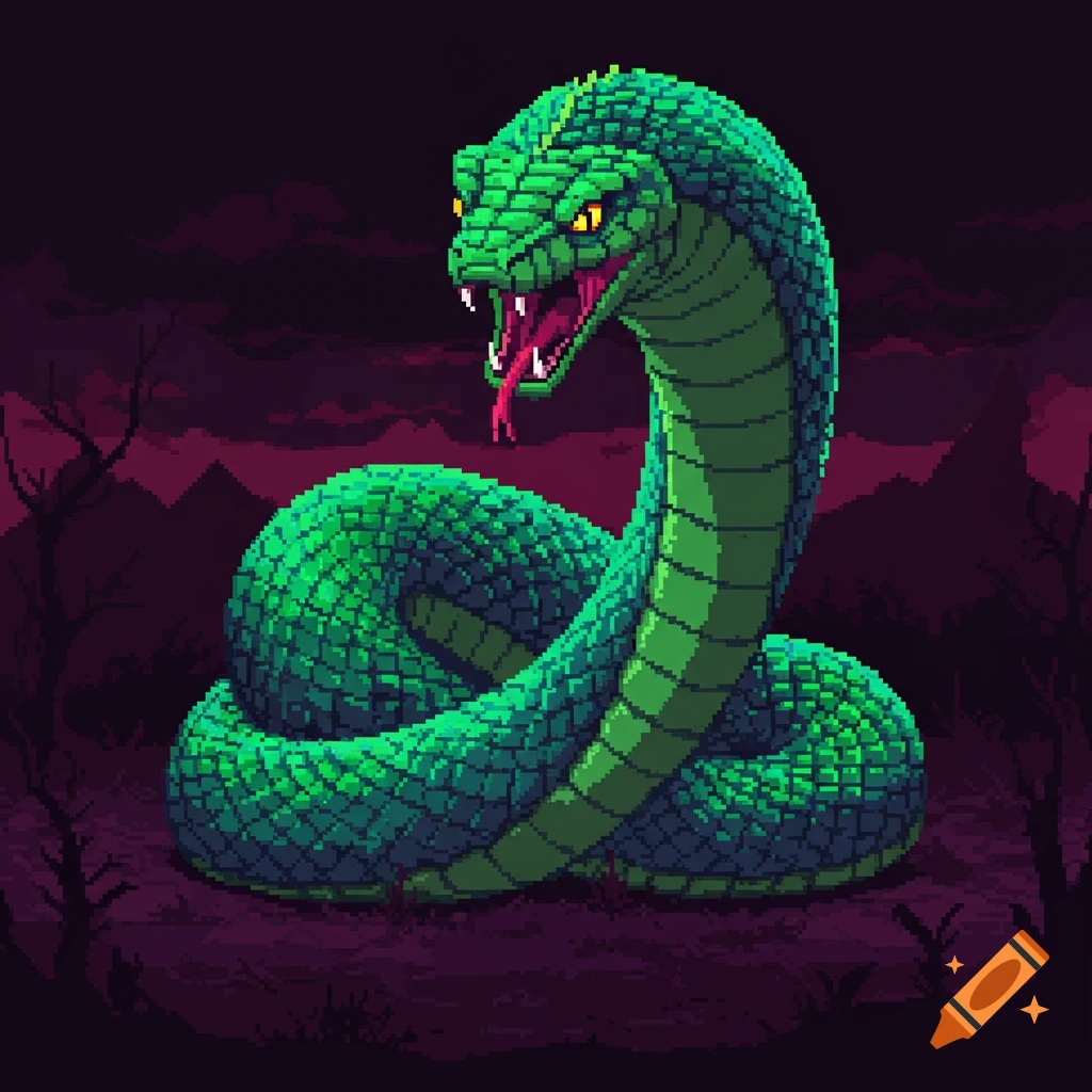 Pixel art of a large green snake with its mouth open, coiled in a dark, mountainous landscape.