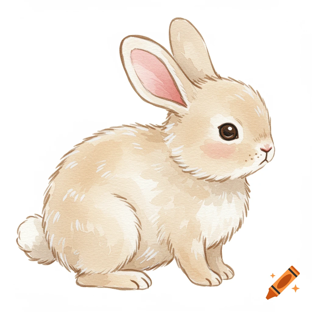 Whimsical watercolor illustration of a beige rabbit
