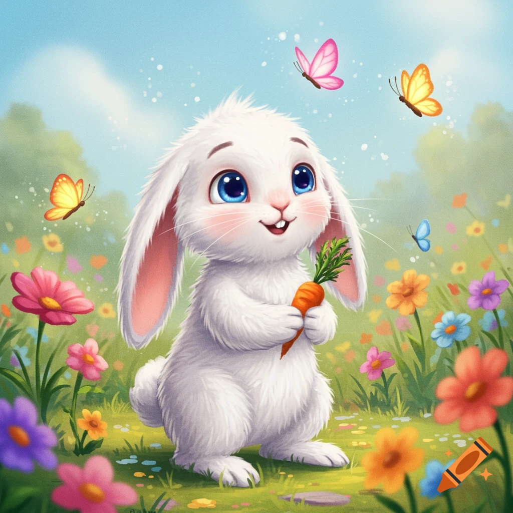 Illustration of a cute white bunny holding a carrot in a colorful flower garden with butterflies.
