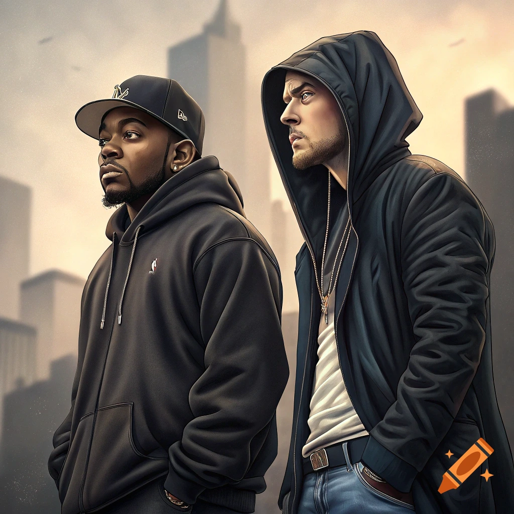 Two men resembling Kendrick Lamar and Eminem stand in urban street clothes against a cityscape background.