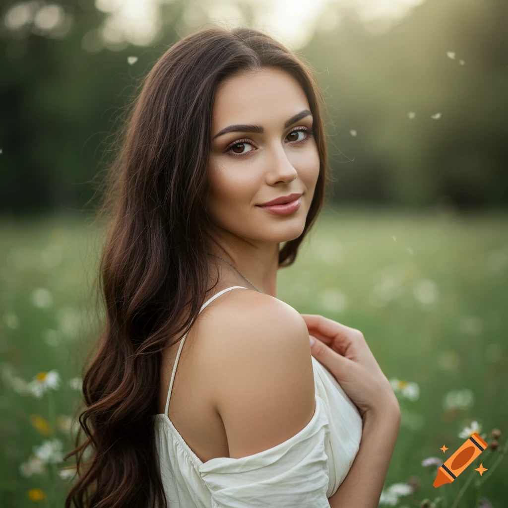 Portrait of a beautiful brunette woman in a white dress sitting in a field of daisies