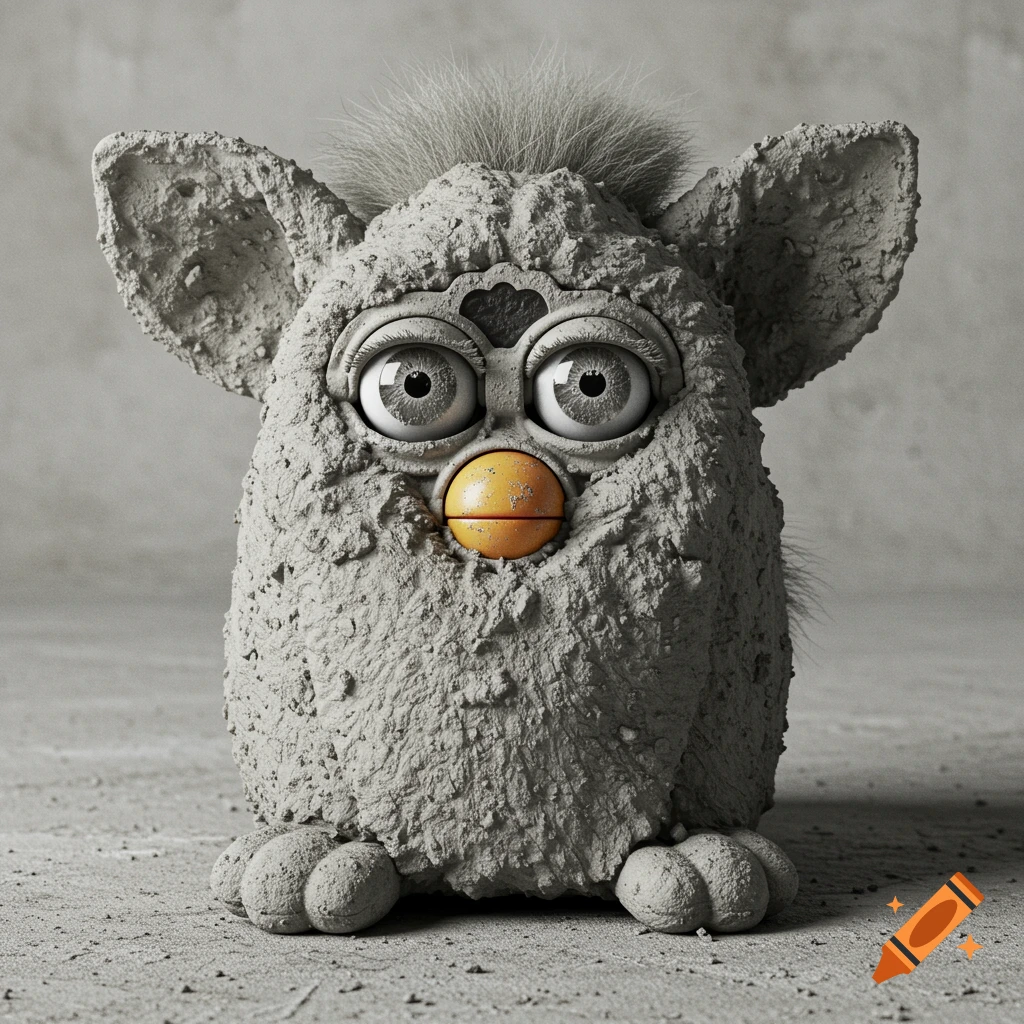 A Furby toy is completely encased in rough grey cement, shown in a photorealistic style.