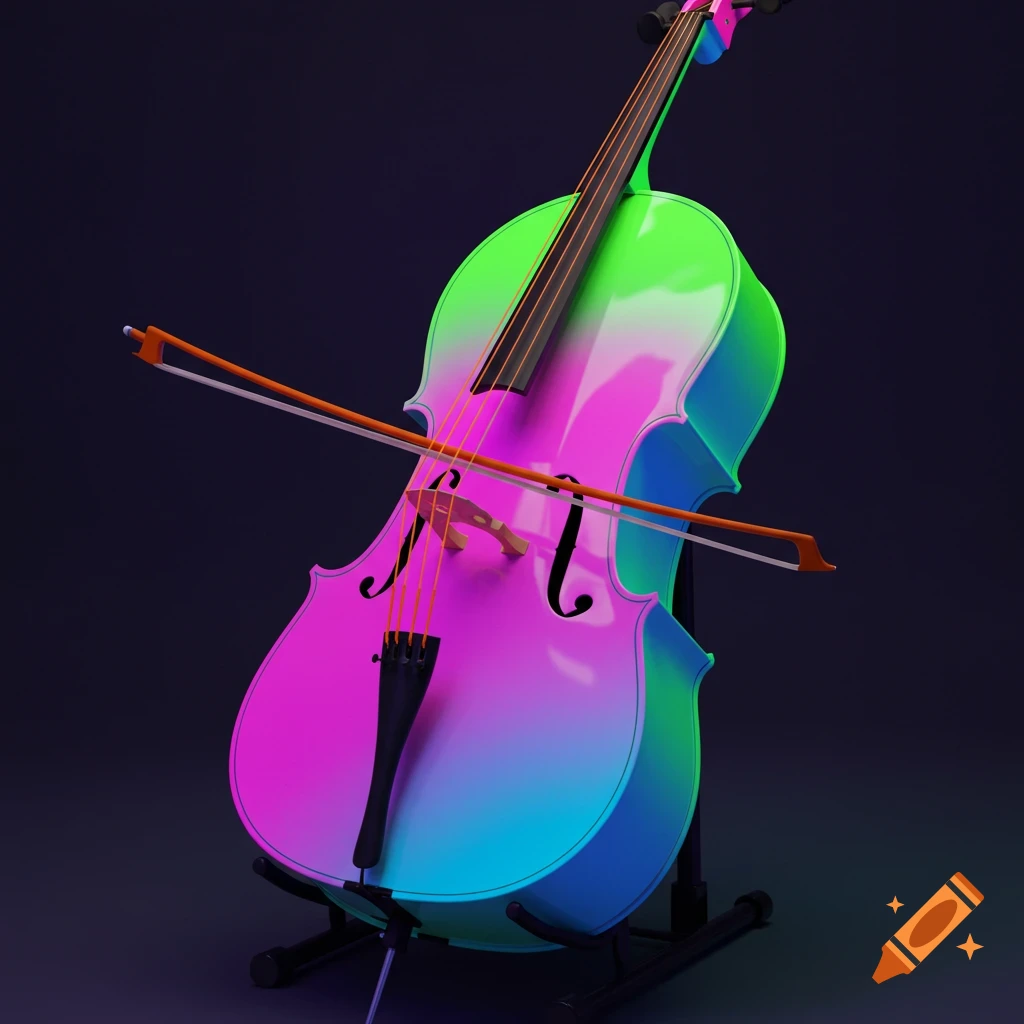 A cello brightly colored with a neon pink, green, and blue gradient.
