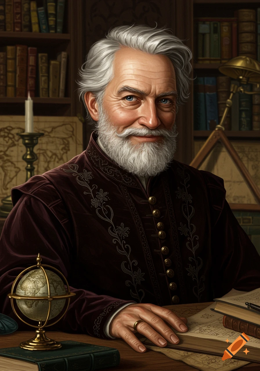 An older man with a white beard, wearing historical clothing, is seated at a desk with a globe and books.