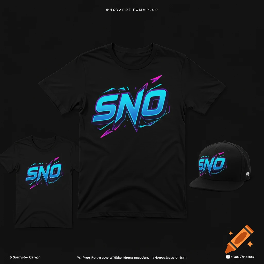 Black t-shirt and baseball cap with a futuristic SNO logo in blue and pink