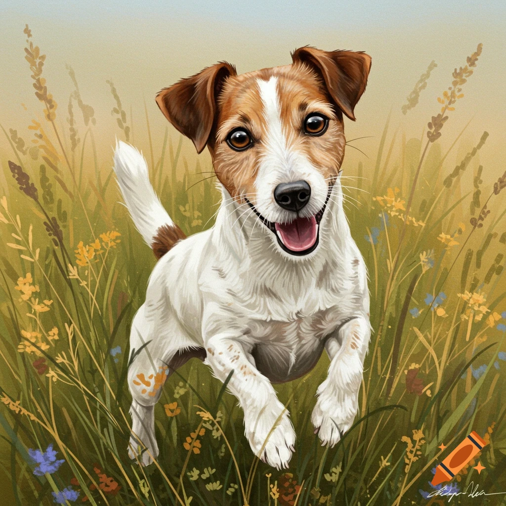 A happy Jack Russell dog jumping in a field of tall grass and flowers.