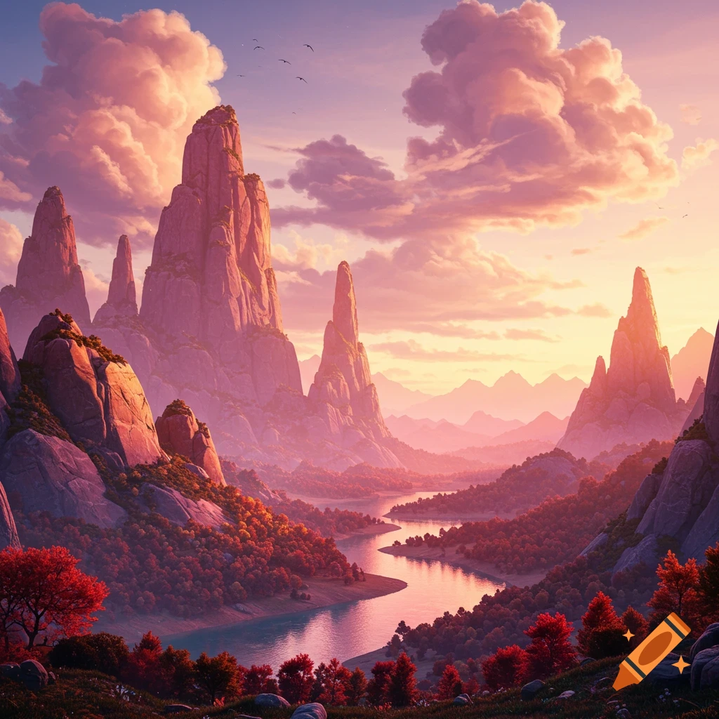 A vibrant digital art landscape of jagged mountains, a winding river, and colorful trees under a dramatic pink and orange sunset.