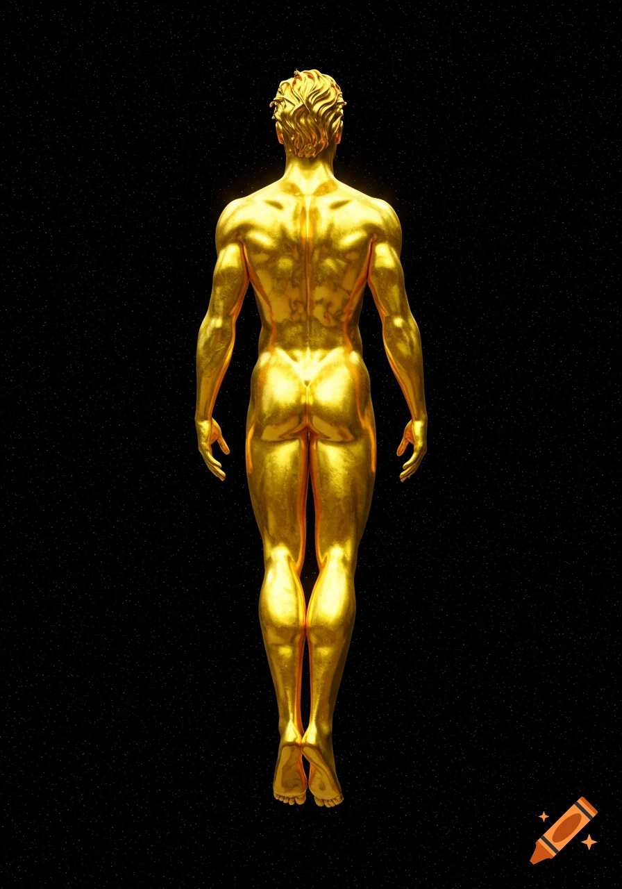 A golden statue of a muscular man floating in a dark void