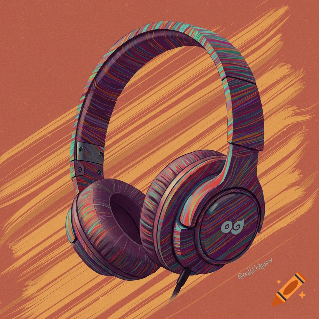Headphones with colorful stripes on an orange background.