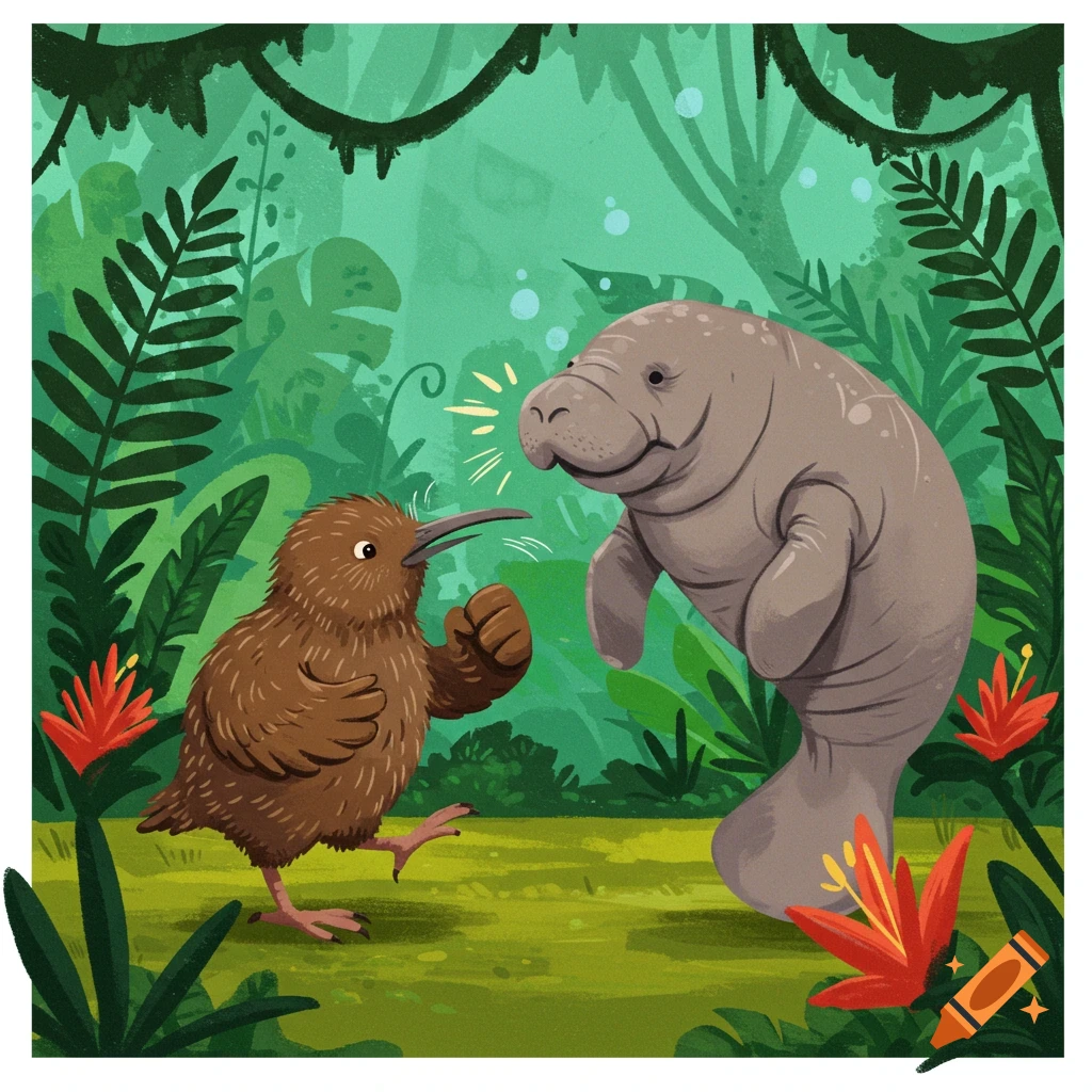 A kiwi bird boxing a manatee in a jungle.