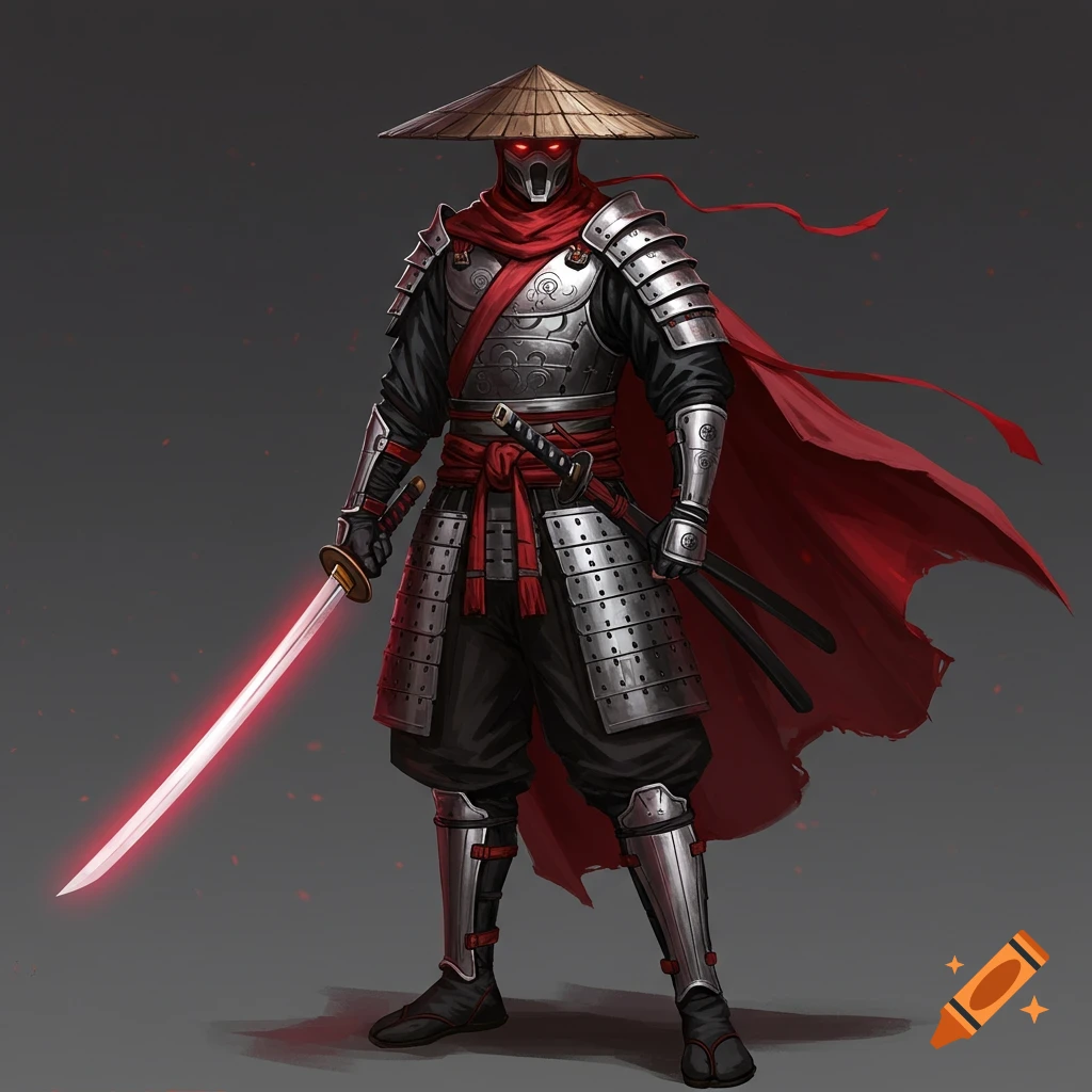 A warrior in samurai armor with a straw hat, red cape, and glowing red sword.