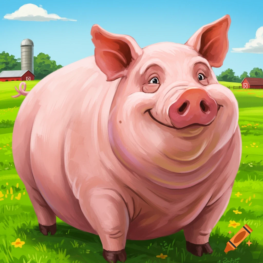 A large happy pig stands in a green field with a barn.