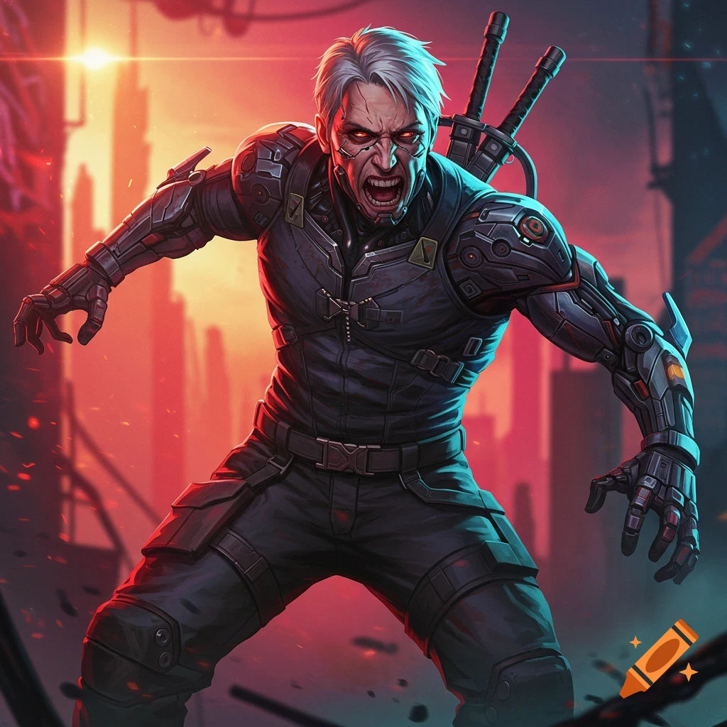 Angry man with cybernetic arms and white hair wears dark armor and carries swords, set against a fiery, chaotic city backdrop.