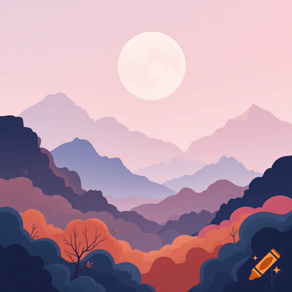 A stylized illustration of layered mountains, trees, and a large moon in a pink and purple sky.