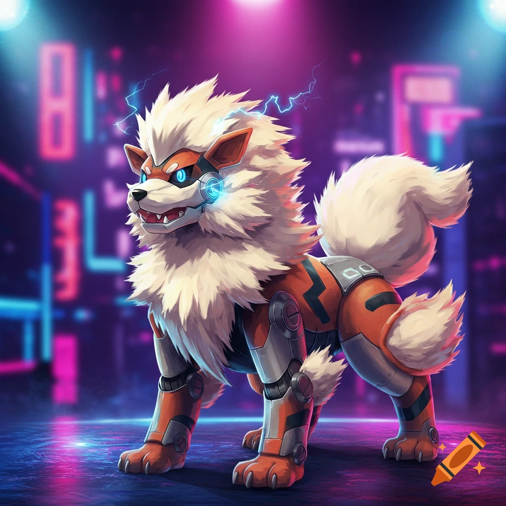 A robotic Arcanine in a futuristic city with neon lights.