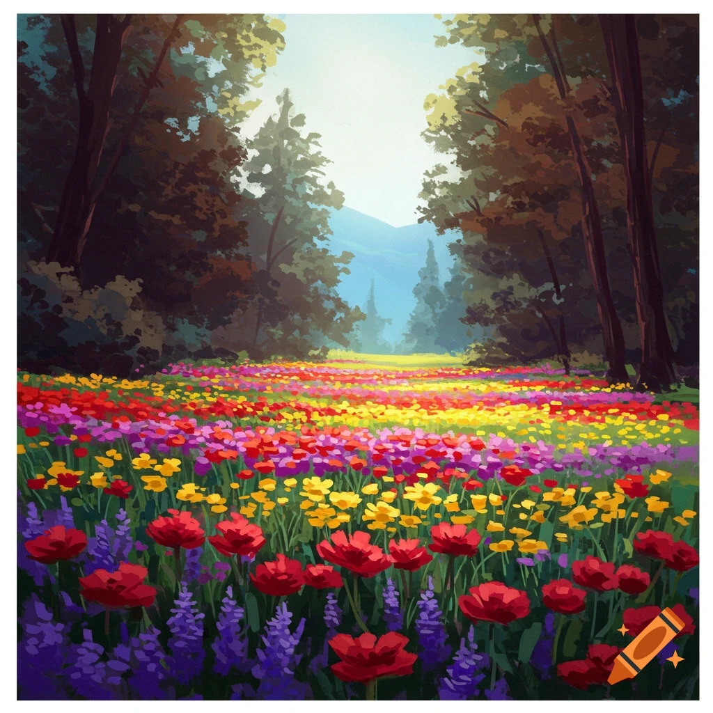 A vibrant field filled with red, yellow, and purple flowers, surrounded by tall trees, leading into a bright clearing.