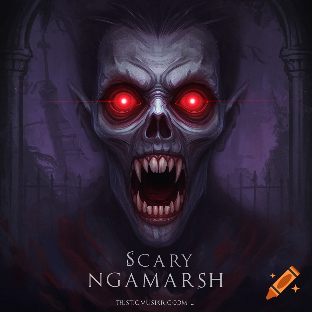 A scary ghoulish figure with glowing red eyes and fangs in a dark scene.