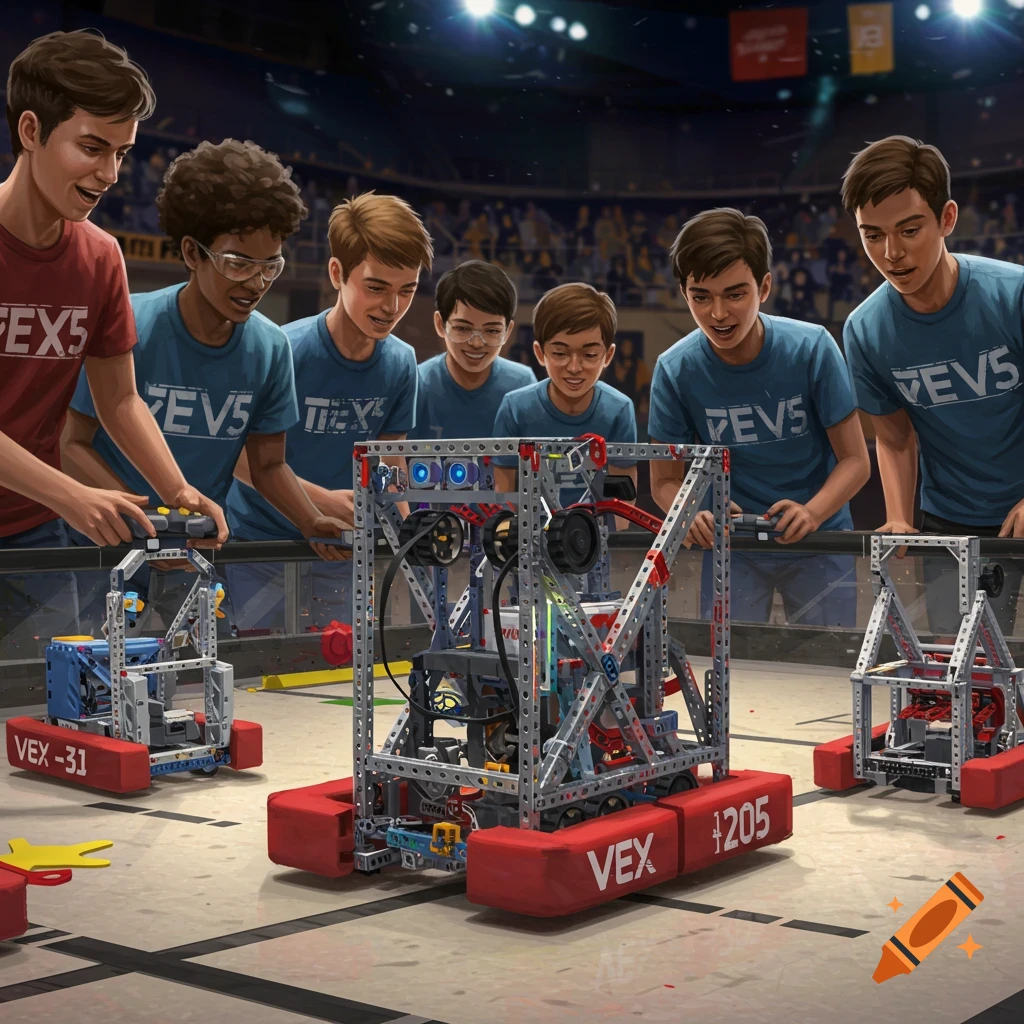 Students operating VEX robotics in a competition arena.