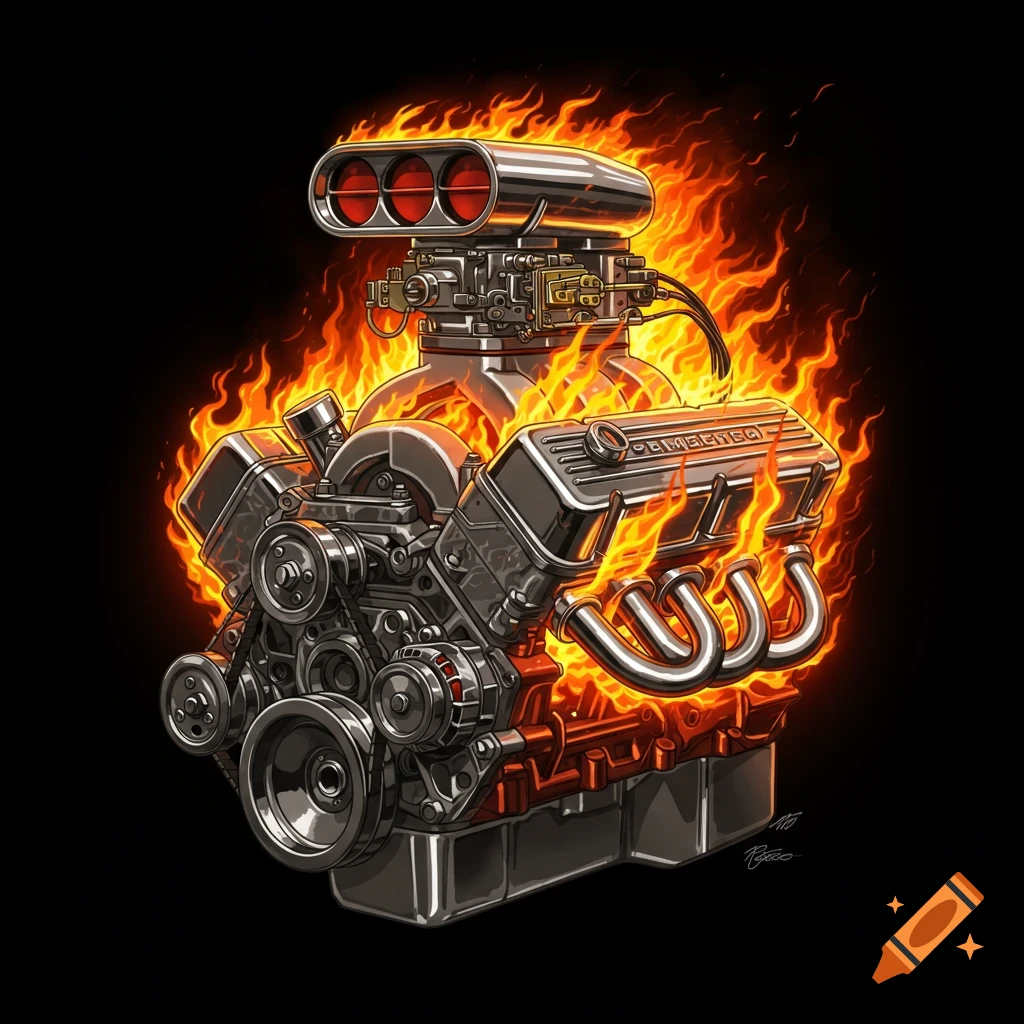 A V8 engine engulfed in flames against a black background.