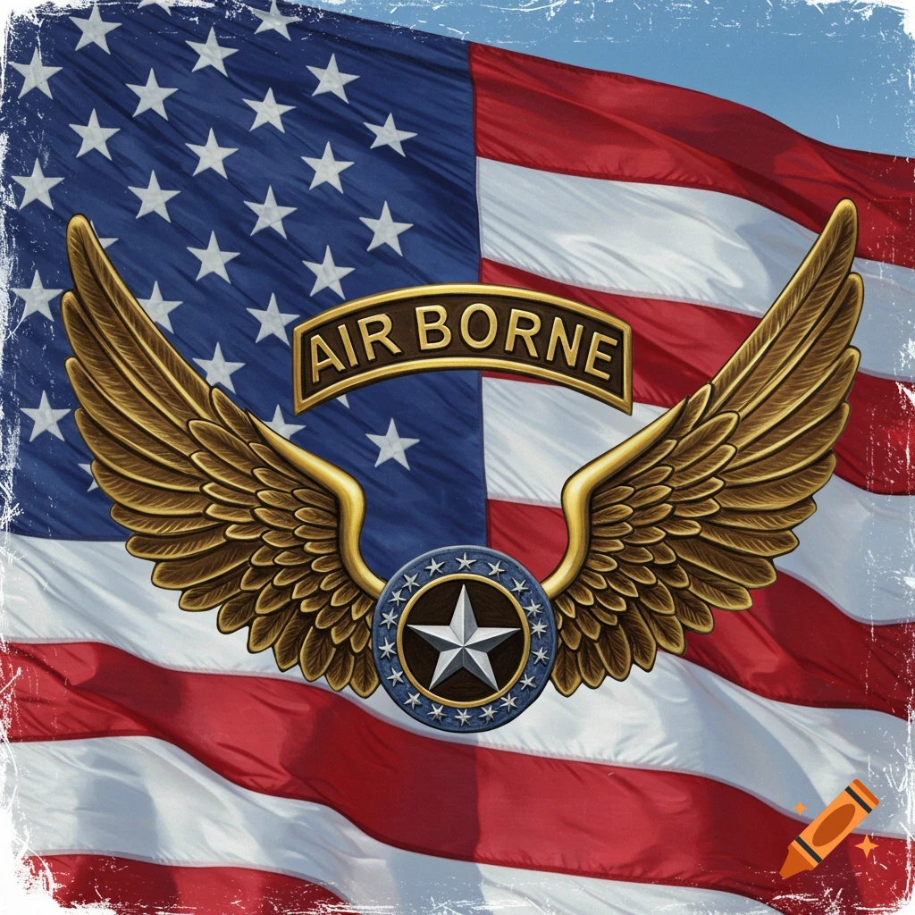 Airborne wings and badge over a waving US flag.
