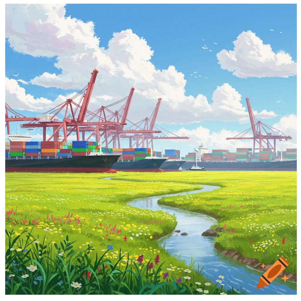 A busy shipping port is visible behind a green meadow with a stream.